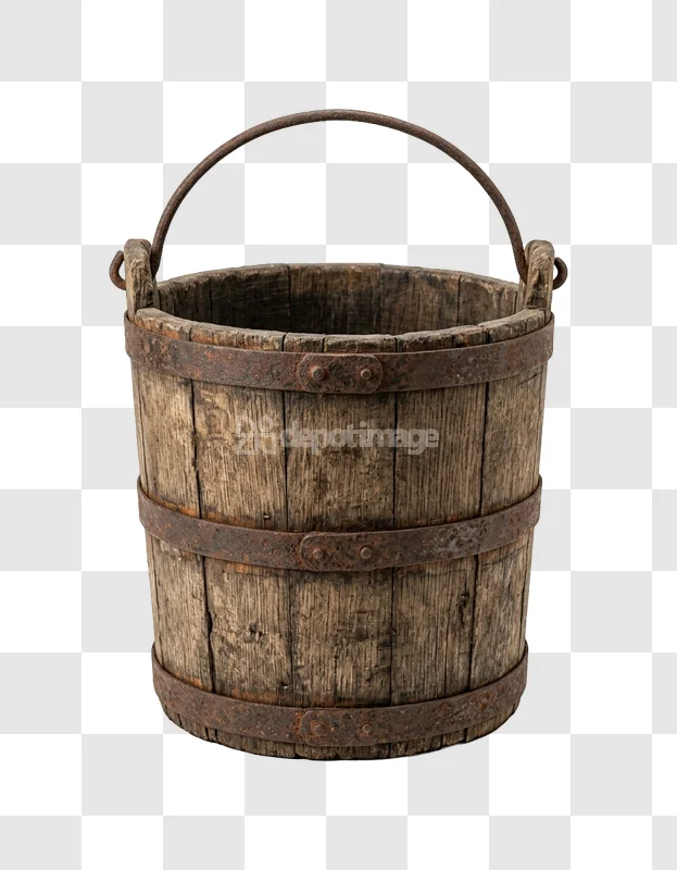 Old Wooden Bucket With Rusty Bands weathered wood metal bands