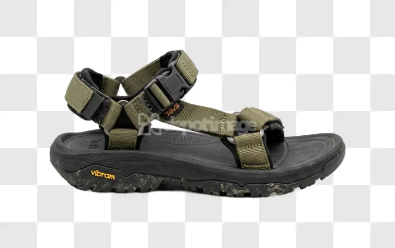 Olive Green Teva Sandals on Dirt, black sole, side view