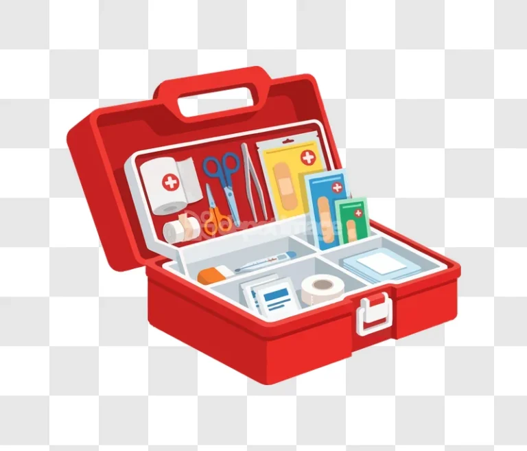 Open Red First Aid Kit Supplies flat cartoon style organized medical items