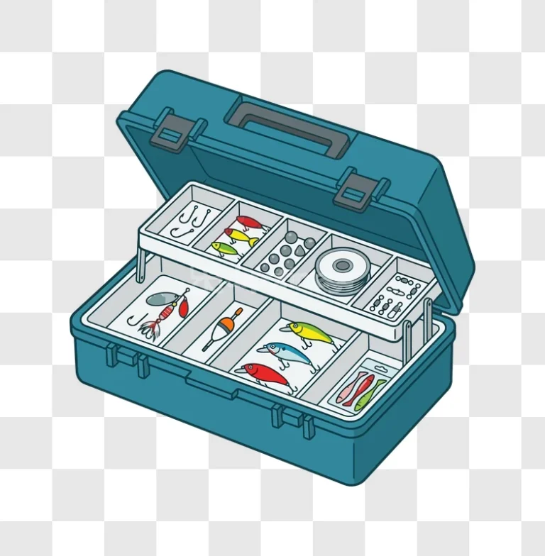 Open Tackle Box Full of Fishing Lures cartoon illustration teal white