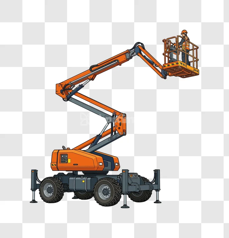 Orange Articulating Boom Lift Construction Worker Cartoon with worker, cartoon style, black background