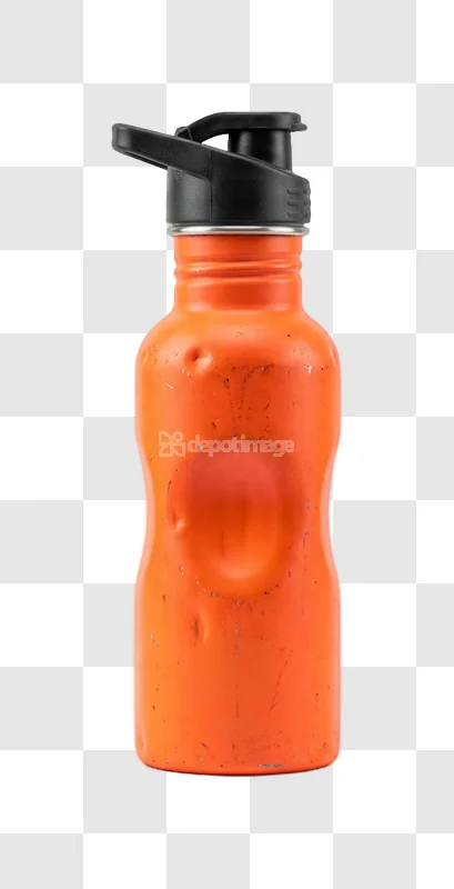 Orange Water Bottle With Black Lid with dents and scratches