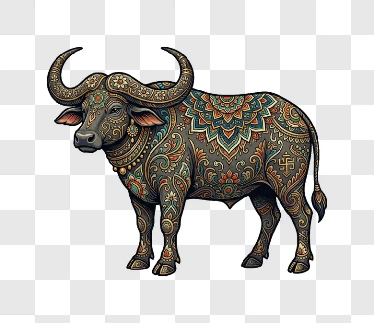 Ornate Buffalo With Intricate Patterns intricate patterns dark gray gold teal