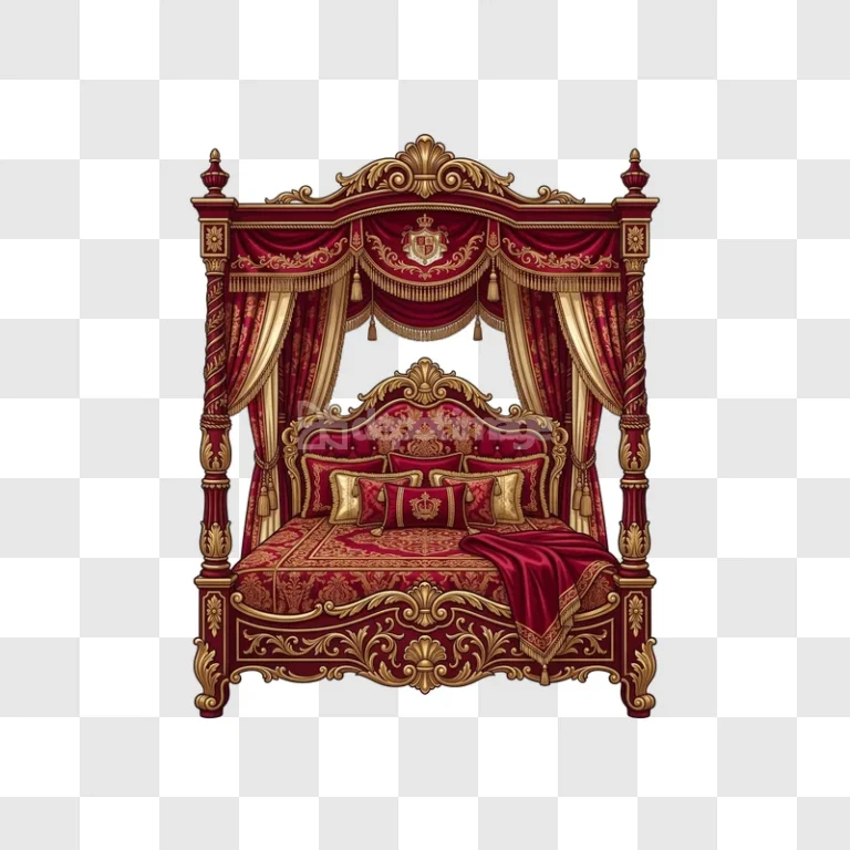 Ornate Canopy Bed Red Gold Royal Bedroom intricate gold details, rich red fabric