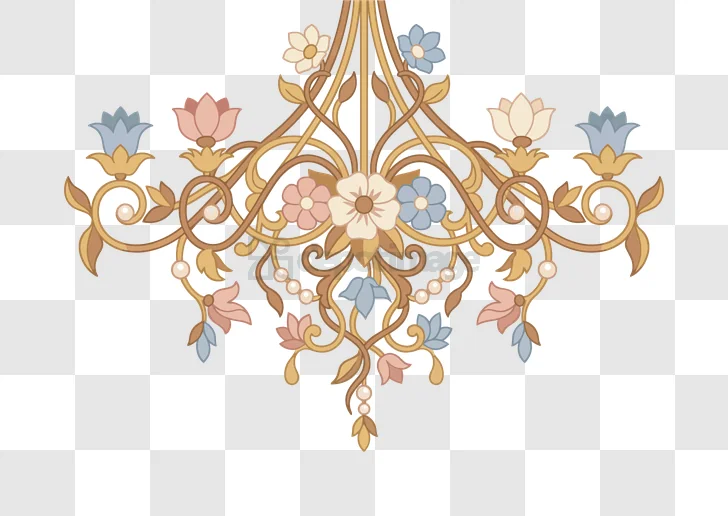 Ornate Floral Motif With Scrolls and Pea elegant gold pastel flowers