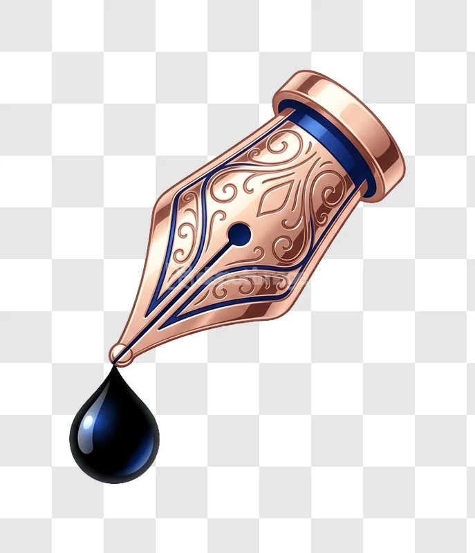 Ornate Fountain Pen Nib Blue Ink Drop