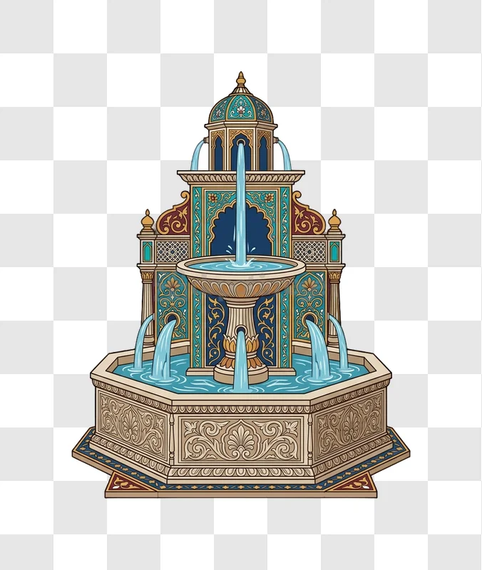 Ornate Fountain With Flowing Water detailed illustration, intricate patterns, blue and gold