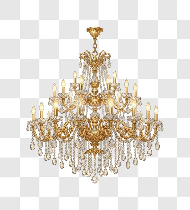 Ornate Gold Crystal Chandelier Vintage Lighting, gold intricate design transparent background