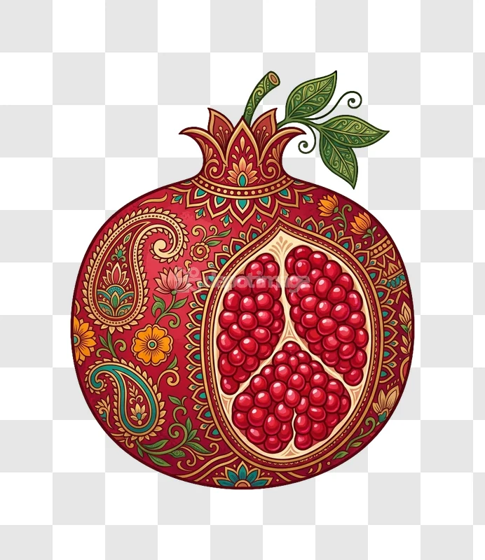 Ornate Pomegranate Traditional Design intricate red gold illustration