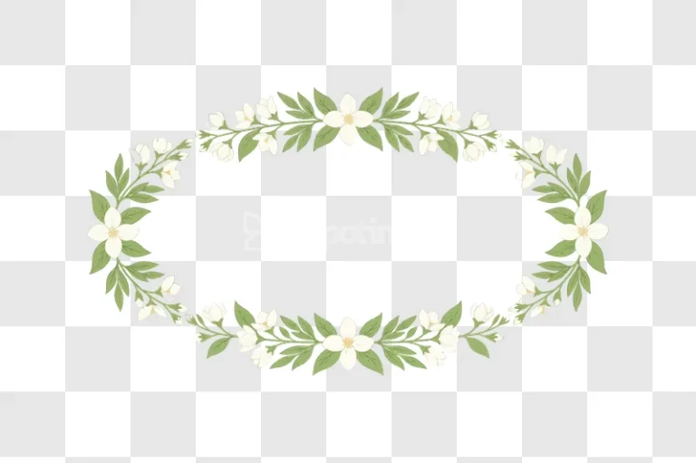 Oval Frame White Flowers Green Leaves delicate botanical illustration transparent background