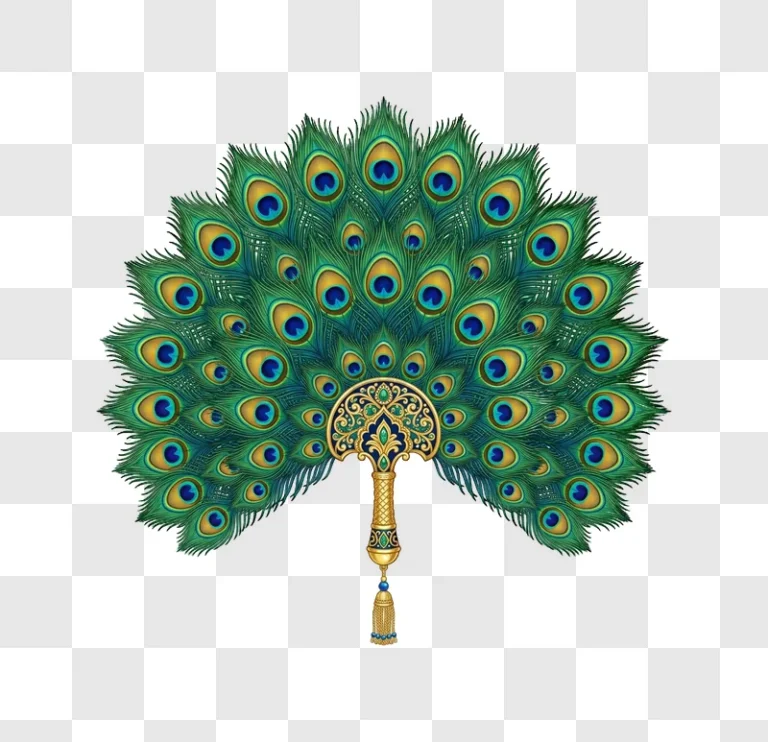 Peacock Feather Fan With Gold Handle intricate green blue gold design