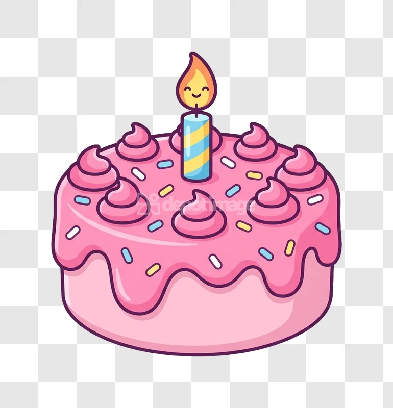 Pink Birthday Cake Candle Sprinkles Vector Icon cartoon style transparent background