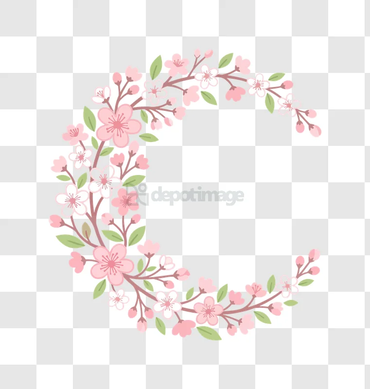 Pink Cherry Blossom Crescent Frame delicate pink flowers transparent background