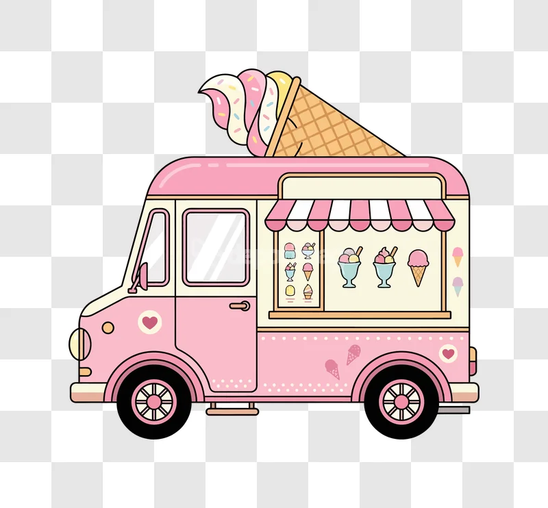 Pink Ice Cream Truck Cartoon Style Van cartoon illustration with large ice cream cone