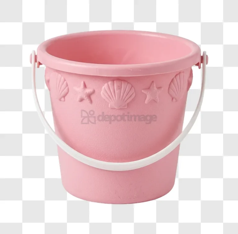 Pink Plastic Bucket With Shells textured surface white handle