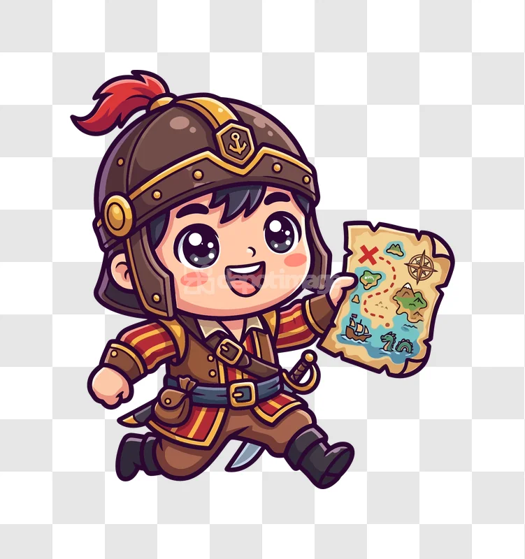 Pirate Boy Holding Treasure Map Vector cartoon style transparent background