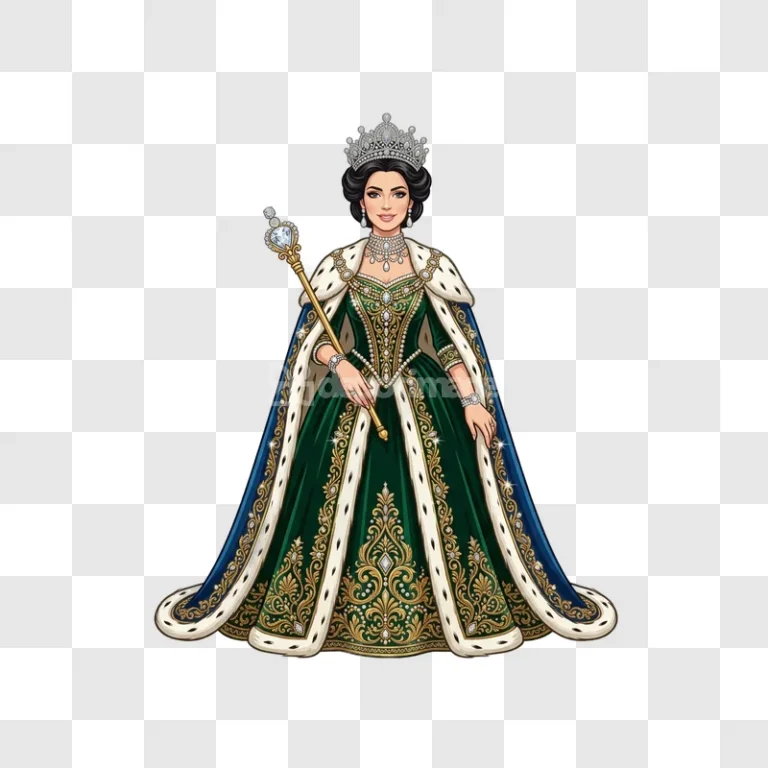 Queen Emerald Gown Diamond Crown Scepter Jewelry, regal illustration transparent background