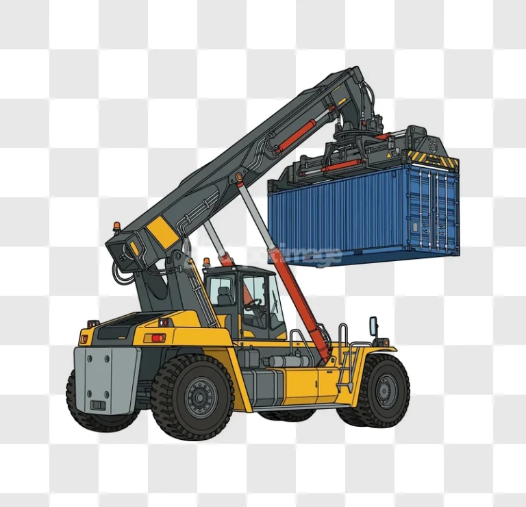 Reach Stacker Lifting Blue Shipping Container detailed cartoon illustration