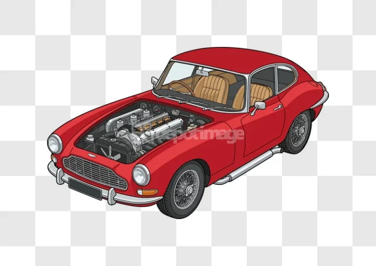 Red Classic Coupe Car Engine Exposed detailed illustration, cutaway view
