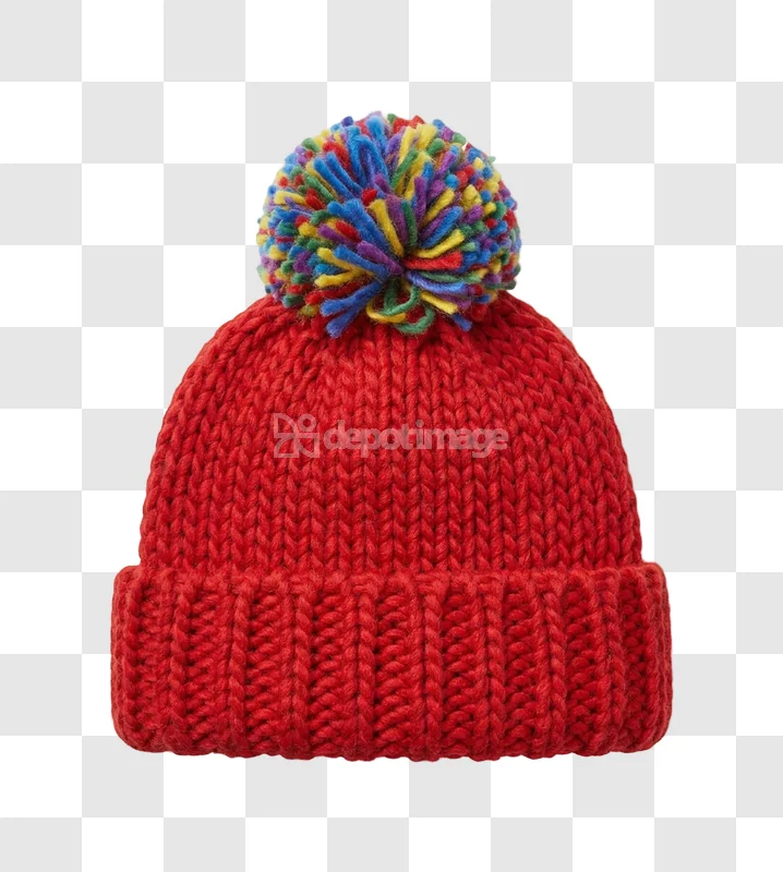 Red Knitted Beanie With Colorful Pompom red knit pompom hat