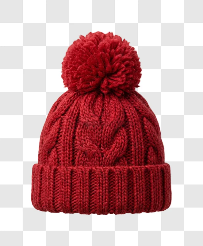 Red Knitted Beanie With Pom Pom Front cable knit texture