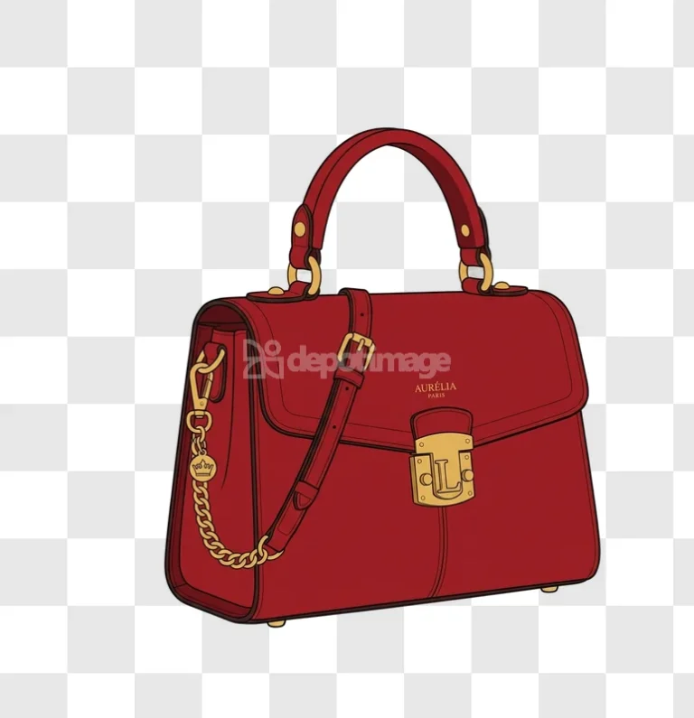 Red Leather Handbag Gold Accents Elegant Style vector illustration black outlines