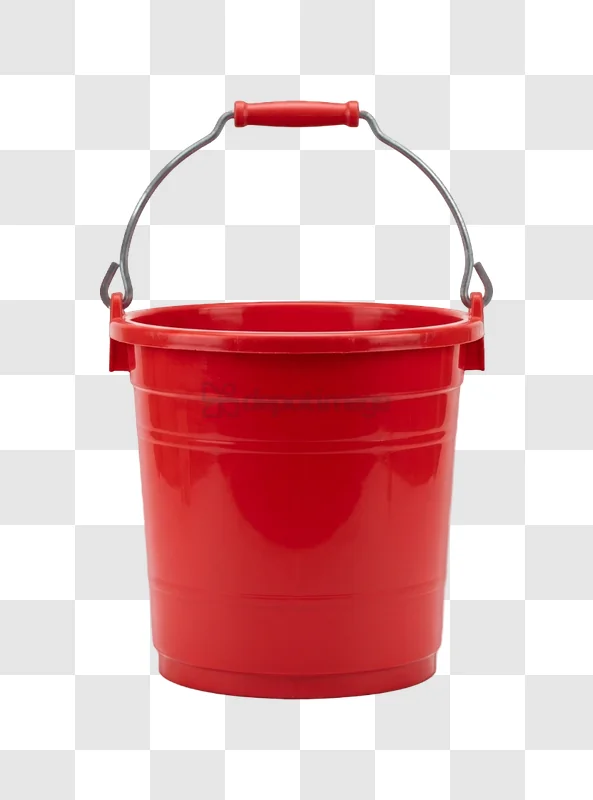 Red Plastic Bucket With Handle up bright red plastic, metal handle, transparent background