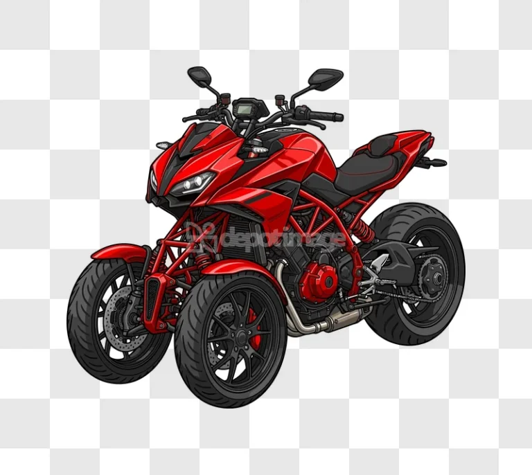 Red Three Wheeled Motorcycle Illustration detailed red black