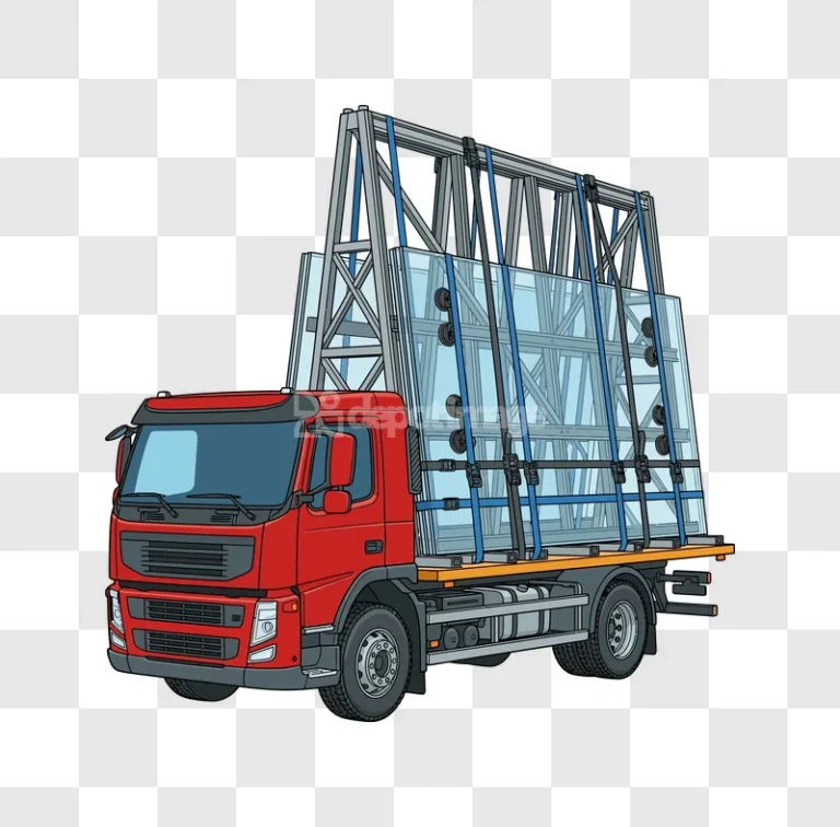 Red Truck Transporting Glass Panels Isolated vector illustration, red truck, blue straps