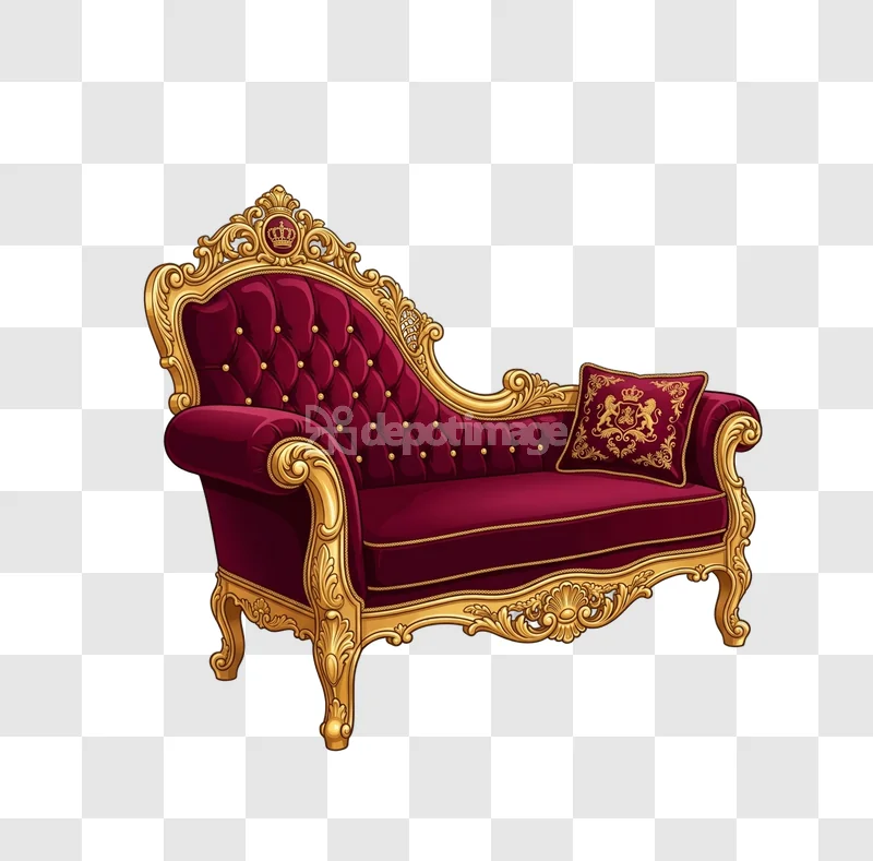 Red Velvet Baroque Chaise Lounge Gold Trim elegant ornate furniture transparent background
