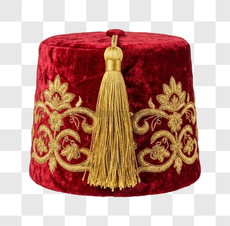 Red Velvet Fez Hat Gold Embroidery with golden tassel and intricate patterns