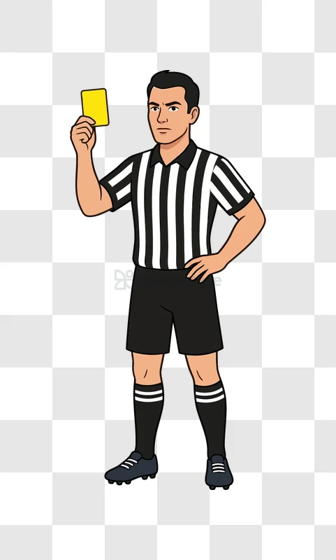 Referee Holding Yellow Card With Stern Expression cartoon style, black and white stripes