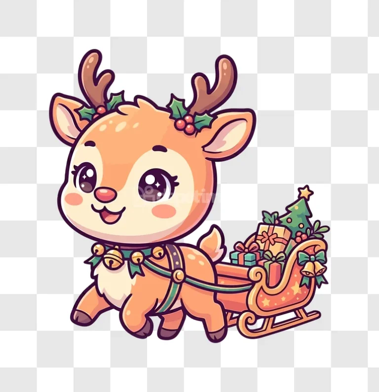 Reindeer Sleigh Christmas Presents Vector Art, cute cartoon style transparent background