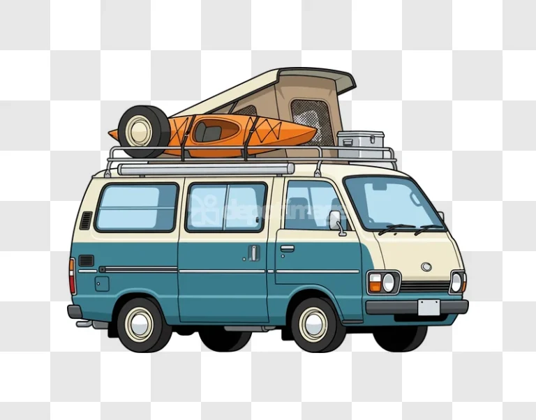 Retro Camper Van With Kayak and Tent cartoon style two-tone blue and cream