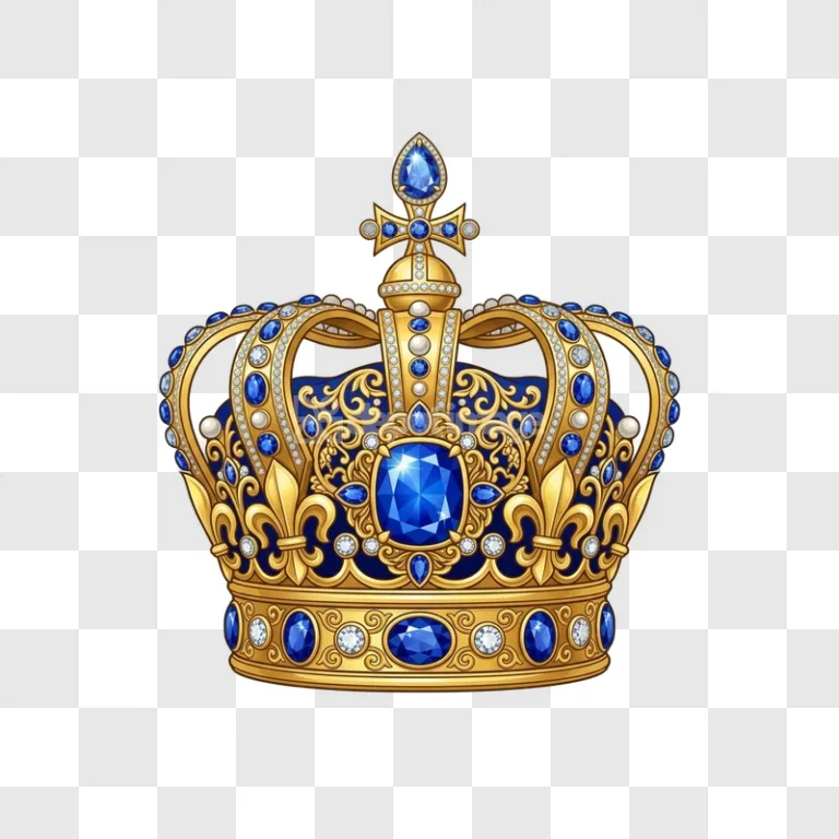 Royal Gold Crown Blue Sapphire Pearls Jewelry ornate gold blue gems