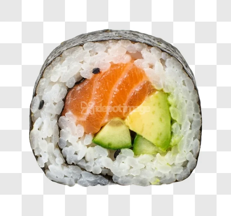 Salmon Avocado Maki Sushi Roll close-up vibrant colors white rice