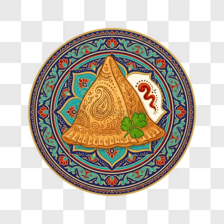 Samosa With Coriander on Mandala Plate intricate illustration, vibrant colors, paisley patterns