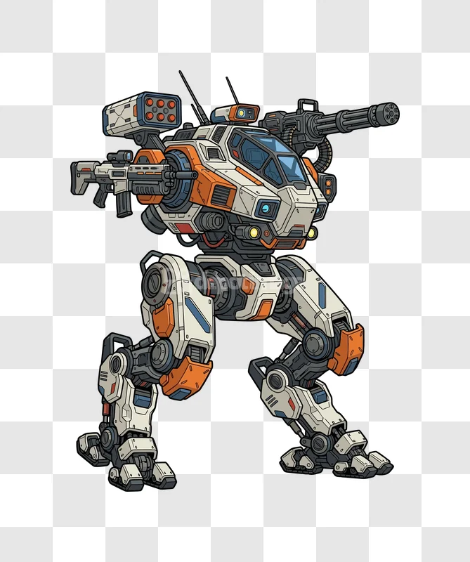 Scifi Armored Bipedal Mech White Orange detailed illustration transparent background