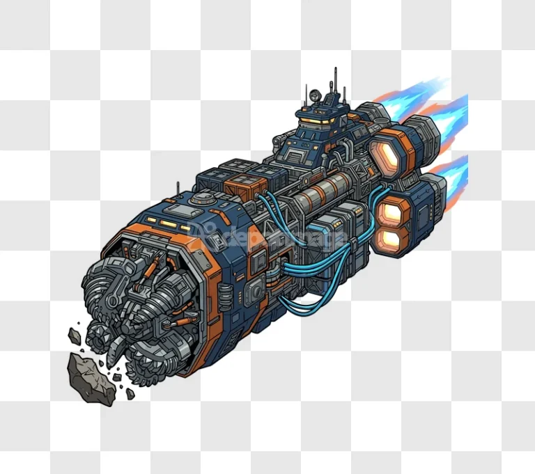 Scifi Mining Ship Blasting Through Space detailed blue orange illustration transparent background
