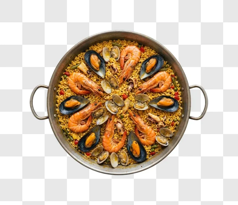 Seafood Paella Served in Metal Pan overhead view, colorful, detailed
