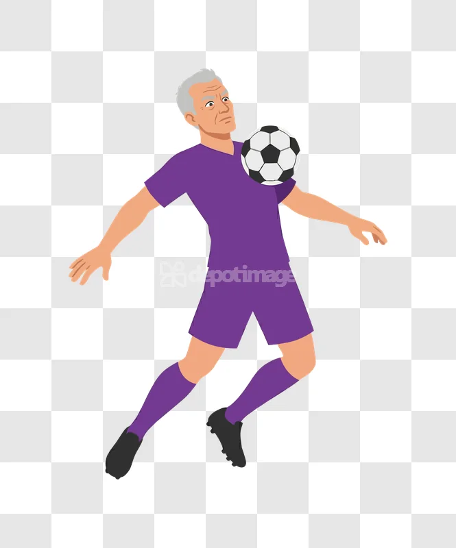 Senior Man Playing Soccer With Ball flat illustration purple uniform