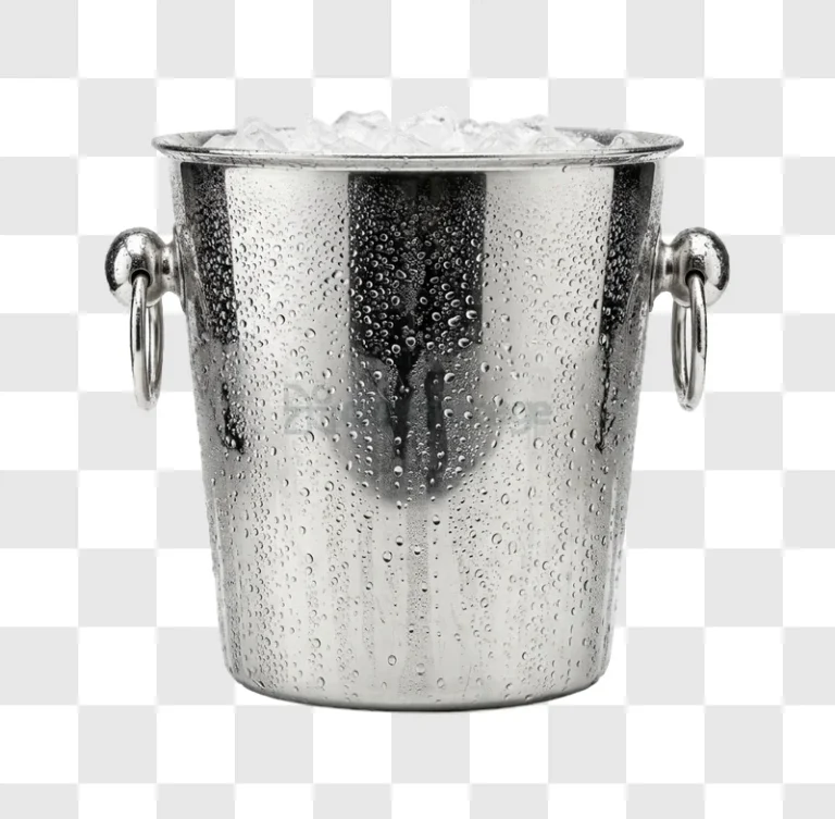 Silver Ice Bucket Full of Ice with condensation, shiny metal, transparent background