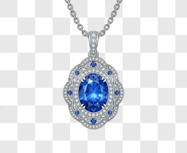 Silver Sapphire Diamond Oval Pendant Necklace