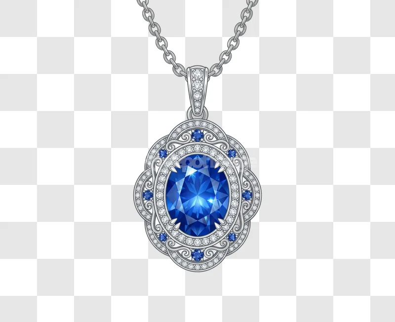 Silver Sapphire Diamond Oval Pendant Necklace with blue oval gemstone and white diamonds