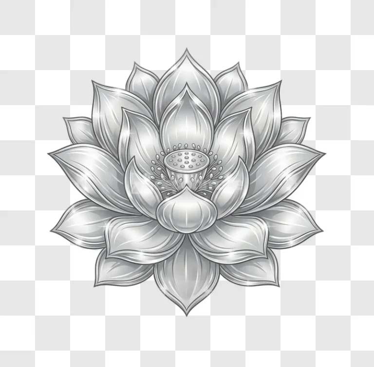 Silver Sparkling Lotus Flower Jewelry Design metallic shimmering petals transparent background