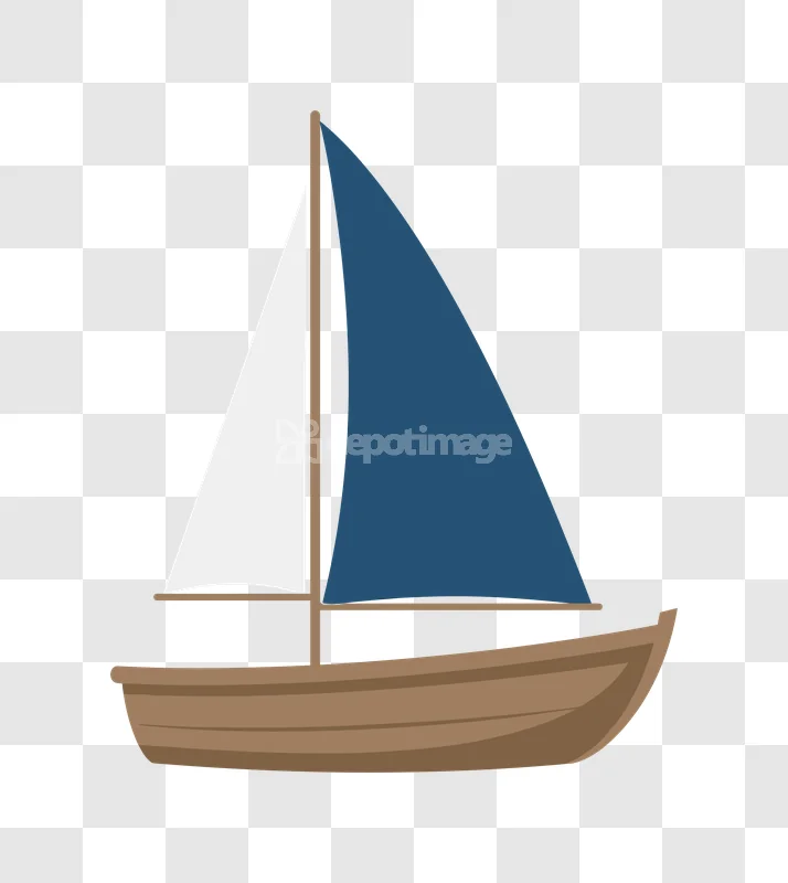 Simple Brown Sailboat Blue White Sails flat illustration transparent background