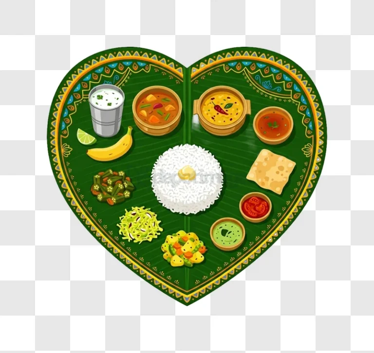 South Indian Thali on Banana Leaf vibrant cartoon illustration green leaf