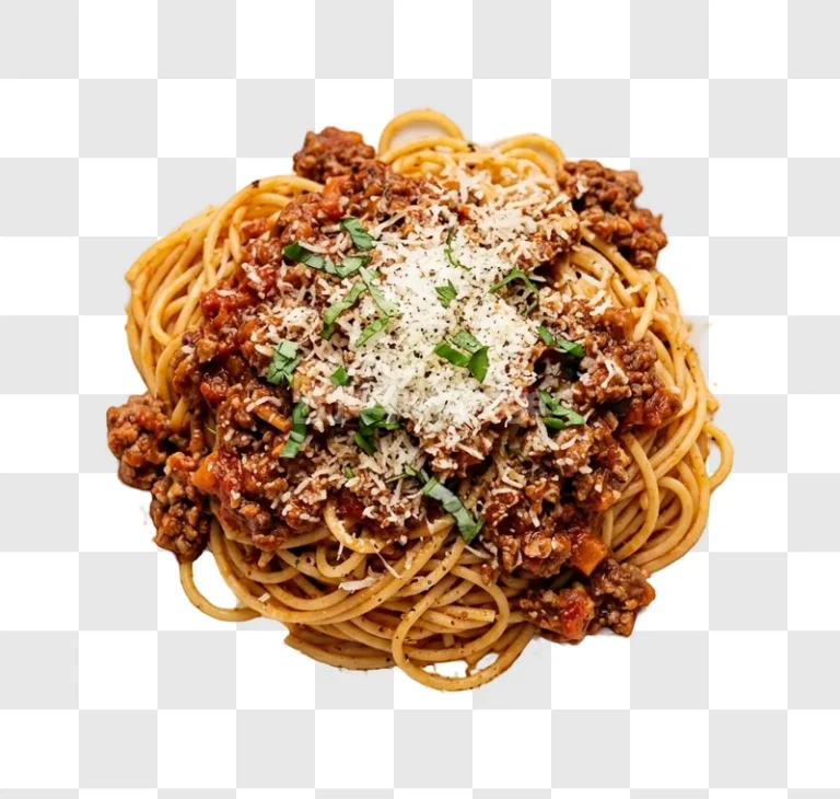 Spaghetti Bolognese Parmesan Basil top-down view, rich sauce, grated cheese, fresh basil