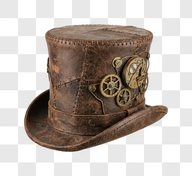 Steampunk Leather Top Hat Against a dark background, brown distressed leather, brass gears