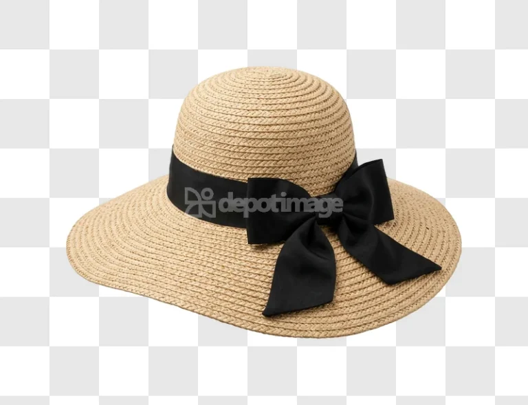Straw Hat With Black Bow on Beige woven texture black ribbon